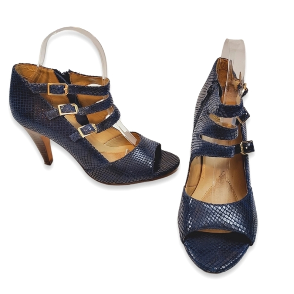 Isola Womens 7.5 Navy Blue Snake Embossed Triple Strap Buckle Open Peep …
